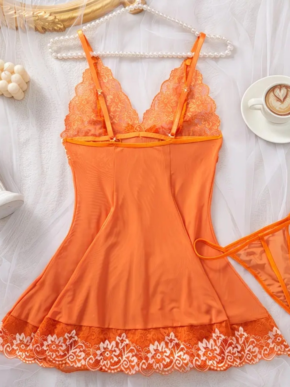 Bright Orange Lace-Trim Chemise with Matching Thong